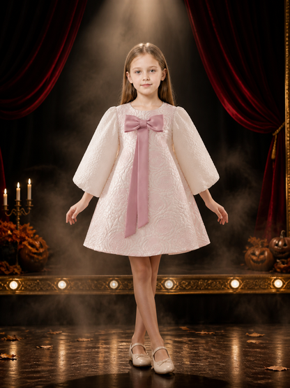 Girls' White Princess Dress with Pink Bow, Long Sleeve Rose Textured Toddler Costume Dresses detail 3
