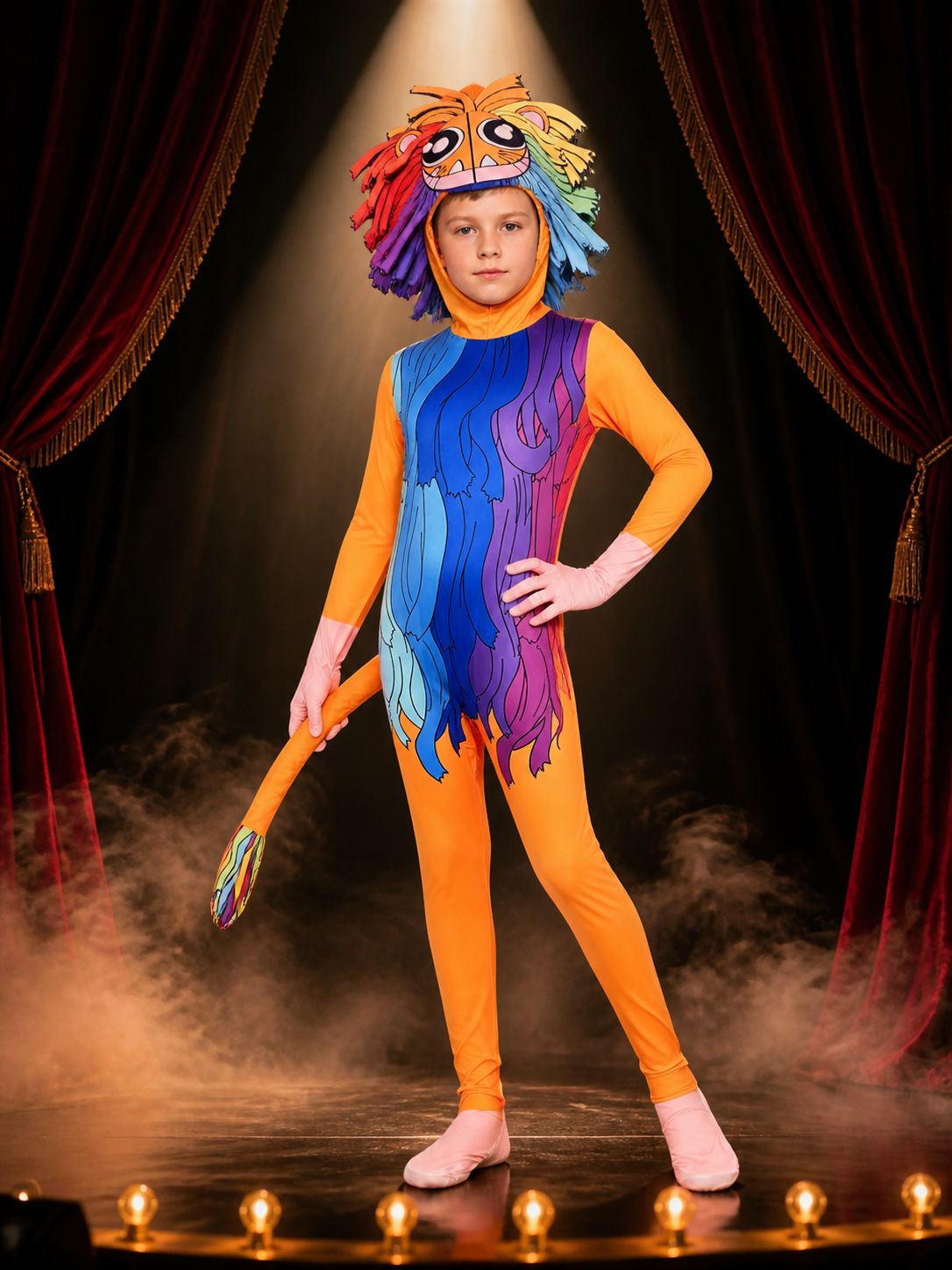 Yarnaby Cosplay Bodysuit Costume, Multi-Color Mane Print with Mask and Tail on-model stage scene view