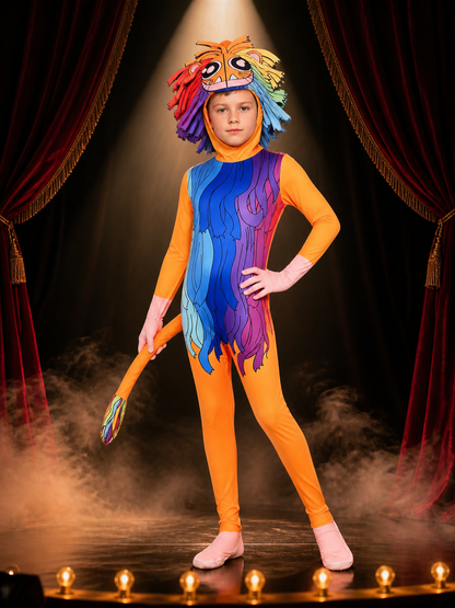 Yarnaby Cosplay Bodysuit Costume, Multi-Color Mane Print with Mask and Tail on-model stage scene view