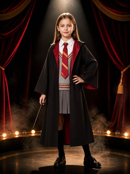 Kids Wizard Robe Costume, Hooded Cape with Red and Gold Stripe Tie, Halloween