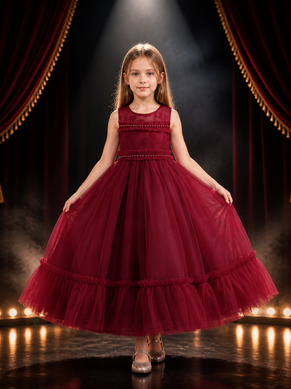 Girls' Burgundy Princess Formal Dress, Sleeveless Lace Bodice Rhinestone Tulle Costume Dresses detail 3