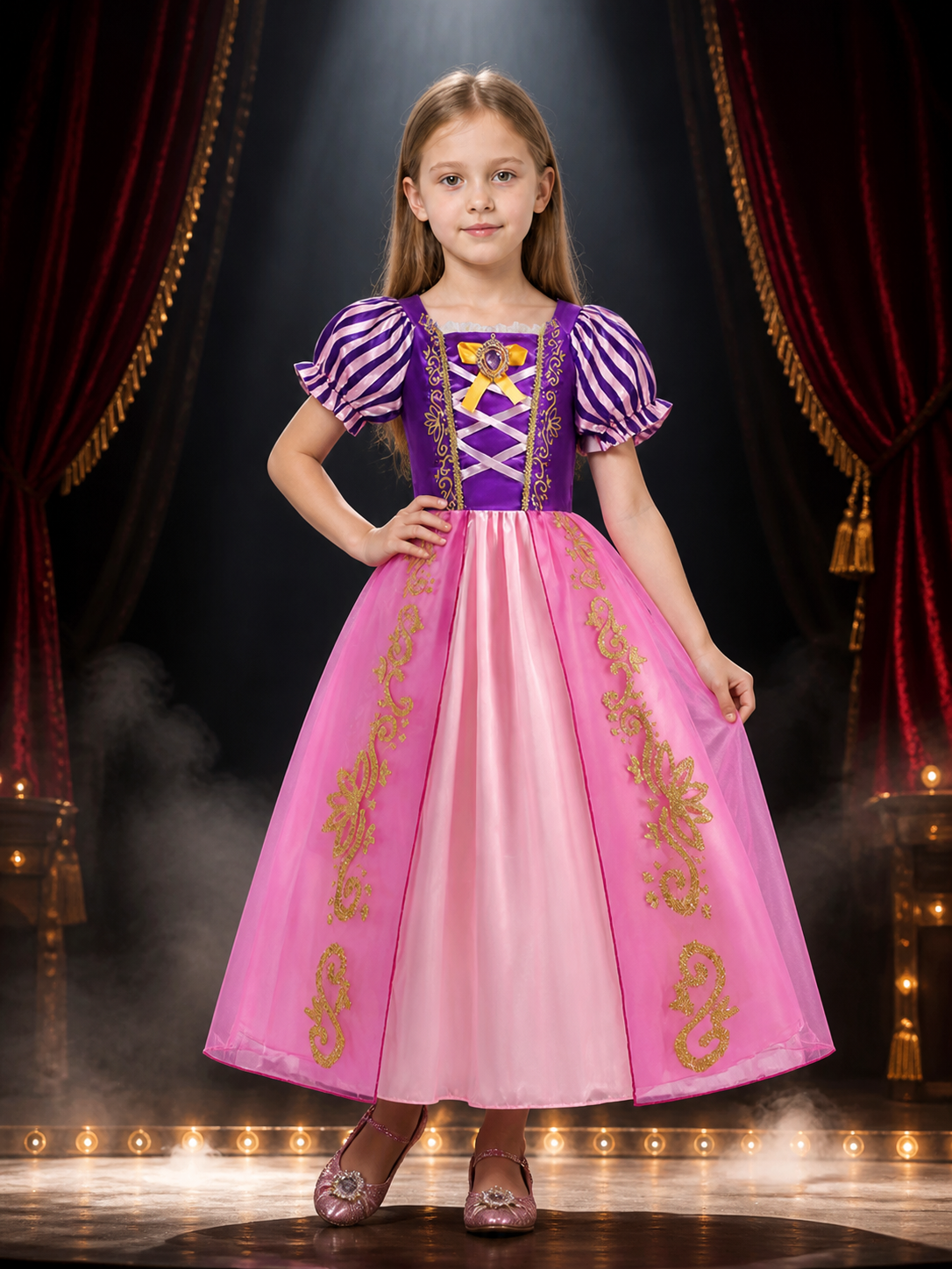 Girls Sleeping Beauty Princess Dress, Aurora Costume with Puffy Sleeves & Bow Costume Dresses detail 3