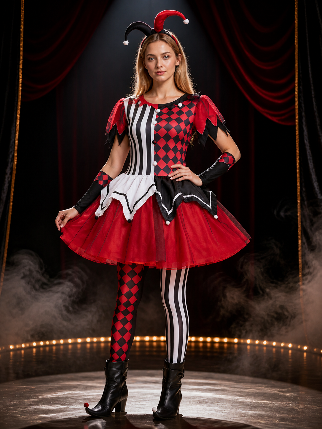 Women's Red Black White Clown Circus Dress Costume, Balloon Accent Tutu Skirt on-model stage scene view