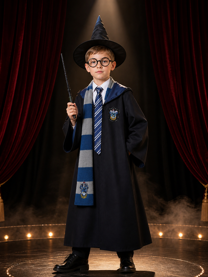 Wizard Robe Costume Set with Scarf, Tie, Hat, Glasses and Wand - Halloween Costume Headwear detail 3