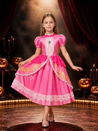 Girls Princess Dress Halloween Costume, Lace-Trimmed Puff Sleeve Gown Costume Dresses detail 3