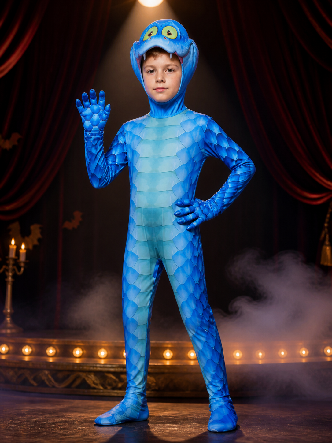 Kids' Gary Snake Costume, Blue Scaly Animal Jumpsuit with Headpiece & Gloves Costume Headwear detail 3