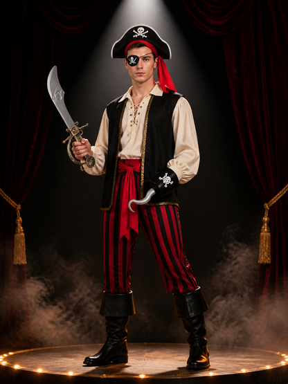 Halloween Pirate Costume Accessory Set - Skull Hat, Eyepatch, Hook & Sword Costume Headwear detail 3