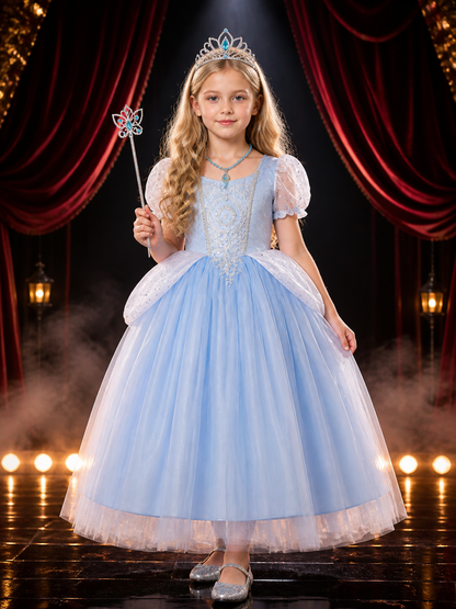 Girls Cinderella Princess Dress Costume Set, Light Blue Ball Gown with Tiara Costume Dresses detail 3