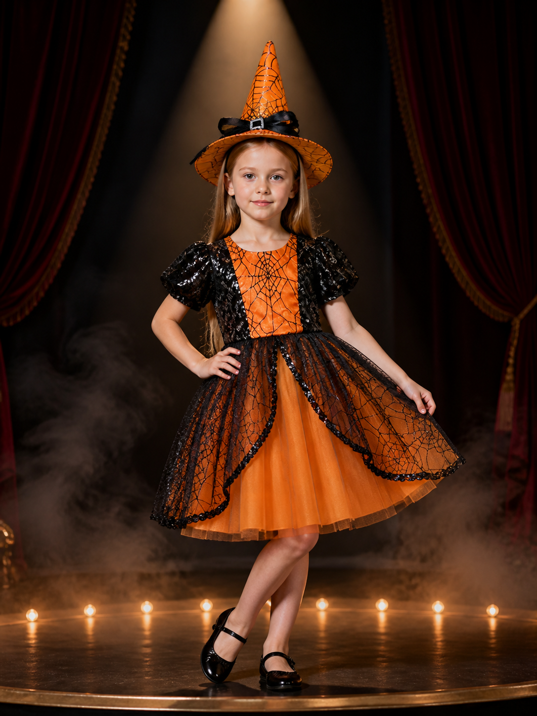 Girls' Witch Costume Dress Set with Hat, Orange Black Spiderweb Lace Halloween Costume Dresses detail 3
