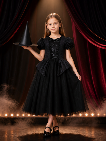 Kids' Witch Costume Dress Set with Hat, Black Puff-Sleeve Halloween Outfit Costume Dresses detail 3
