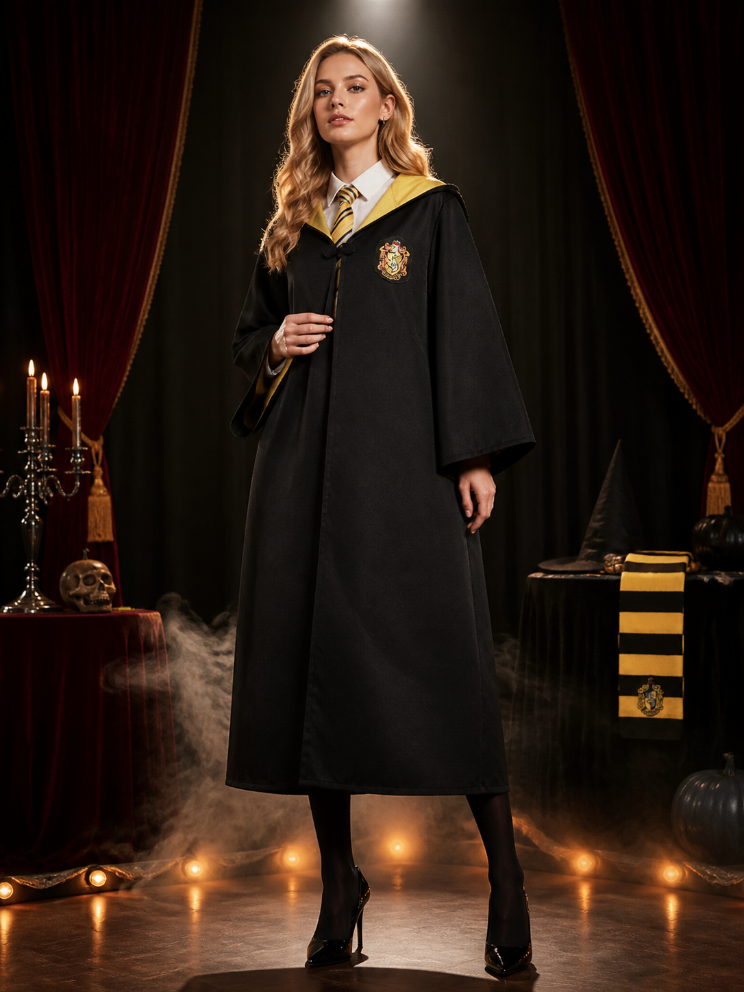 Wizard School Uniform Costume Set, Long Hooded Black Robe with Black-Yellow Costumes detail 3