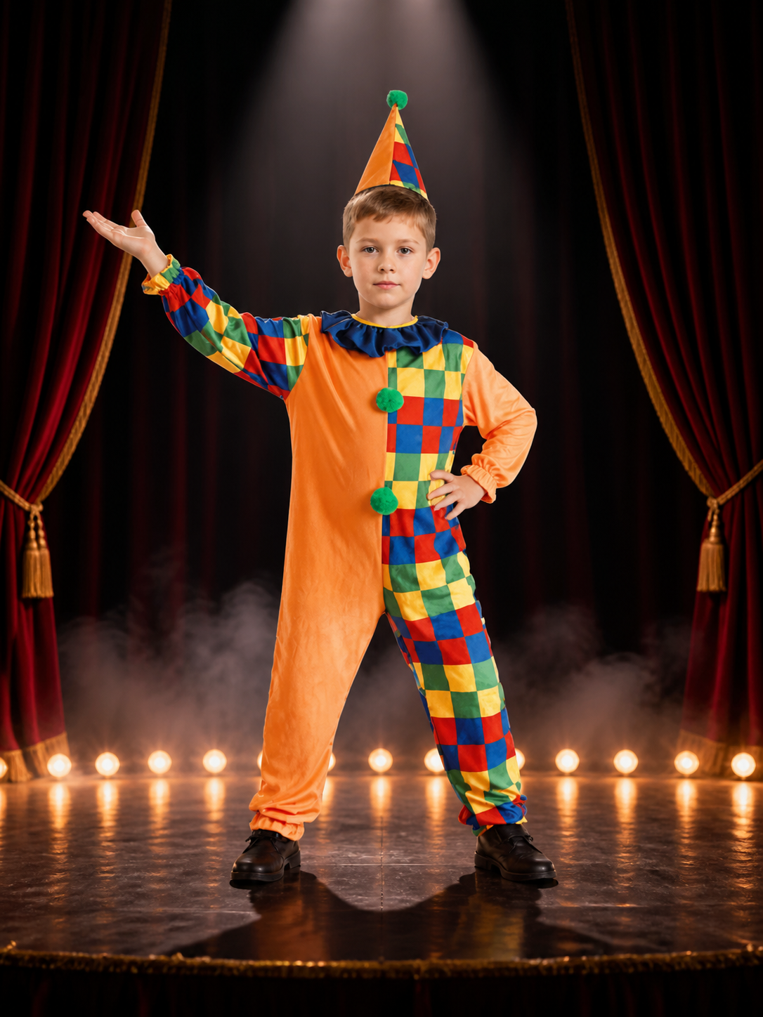 Kids' Colorful Clown Jumpsuit Costume Set with Pointed Hat Costume Headwear detail 3