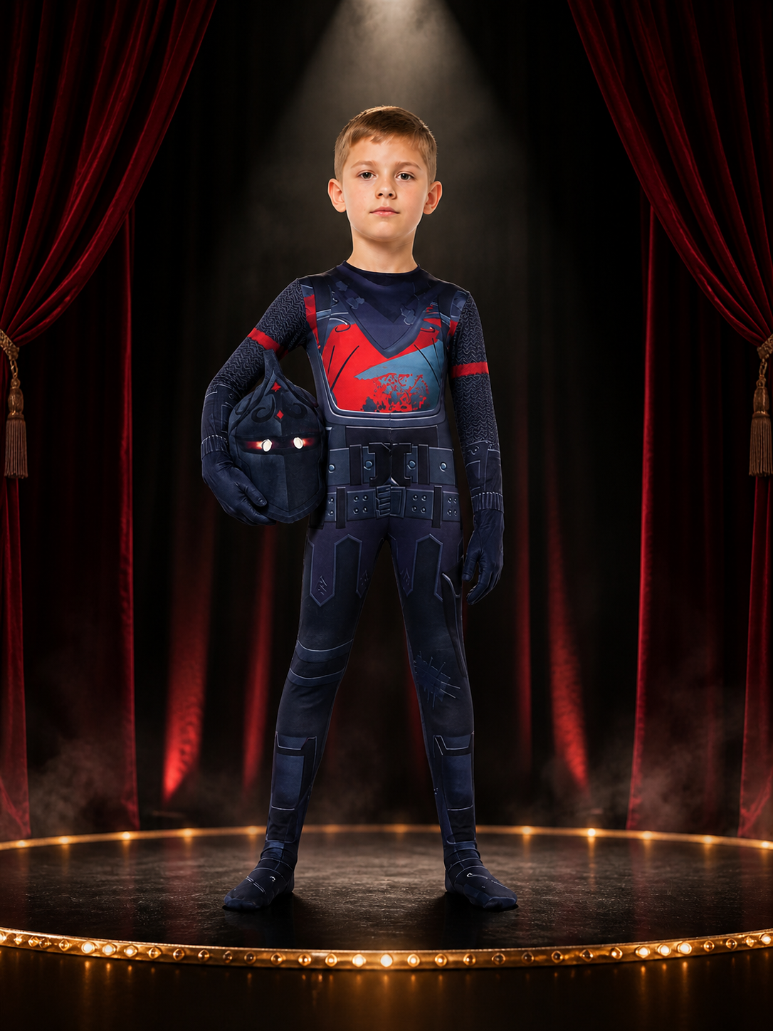 Armored Future Warrior Jumpsuit Costume with Red Eye Strip and Geometric Print on-model stage scene view