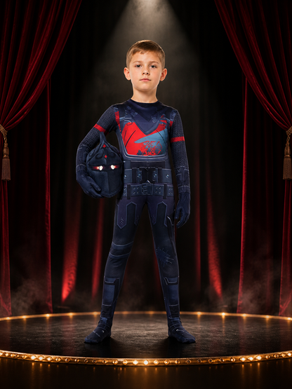 Armored Future Warrior Jumpsuit Costume with Red Eye Strip and Geometric Print on-model stage scene view