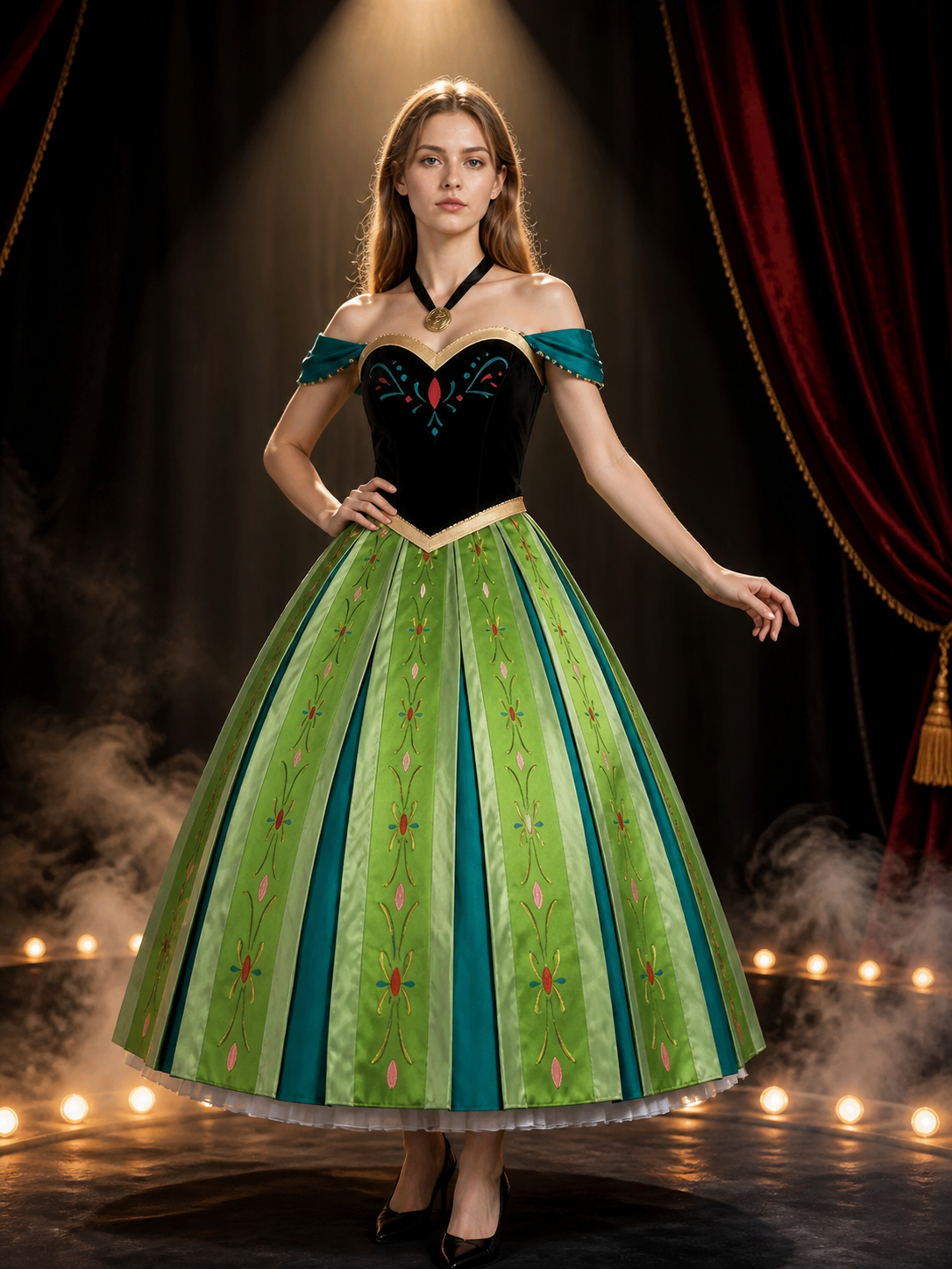Adult Anna Cosplay Costume Set, Embroidered Green Vest And Skirt With Necklace Costumes detail 3