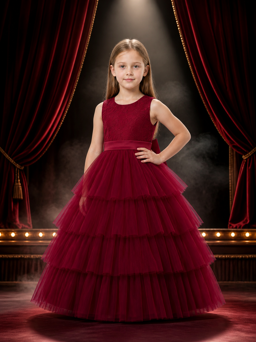 Girls' Maroon Princess Dress, Lace-Patterned Top and Layered Tulle Skirt Costume Dresses detail 3