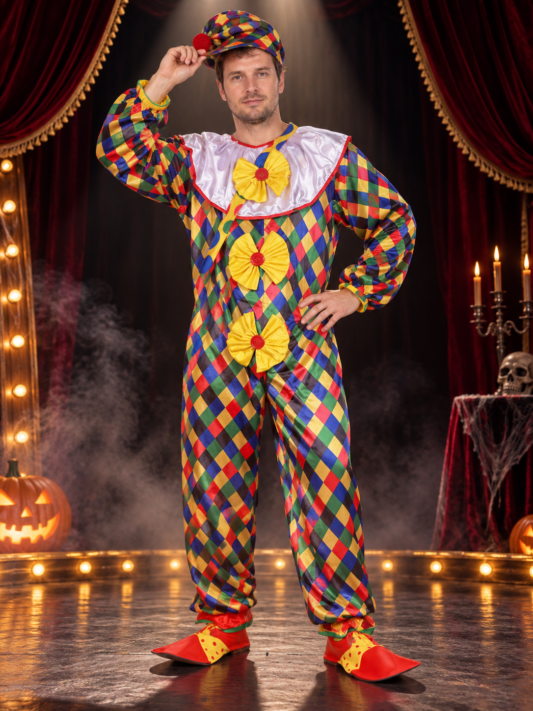 Velour Clown Costume with Yellow Bows and Hat