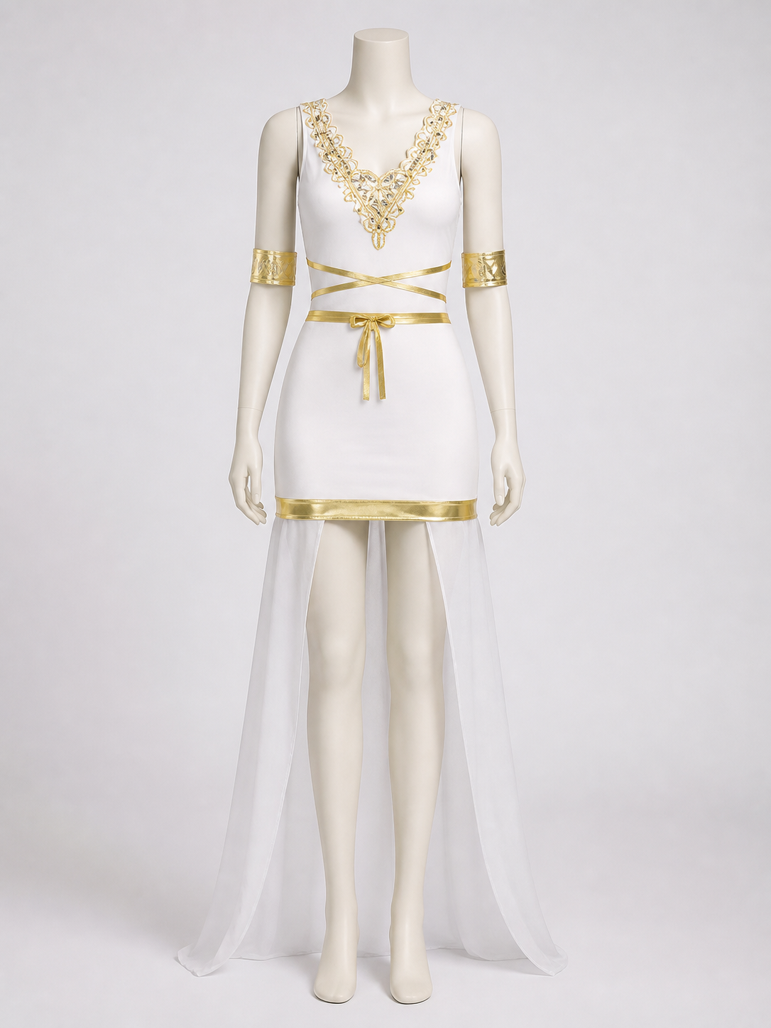 Egyptian Goddess Costume, White and Gold Sleeveless High-Slit Dress With Arm Costume Dresses detail 3