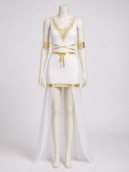 Egyptian Goddess Costume, White and Gold Sleeveless High-Slit Dress With Arm Costume Dresses detail 3