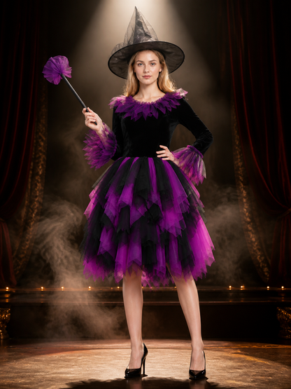 Adult & Kids Witch Costume Dress, Long Sleeve Layered Tulle Purple & Black