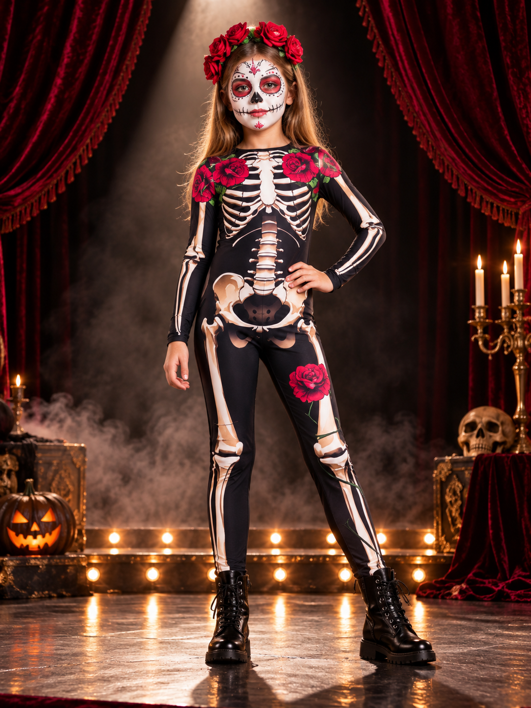 Skeleton Costume Black Jumpsuit with Print