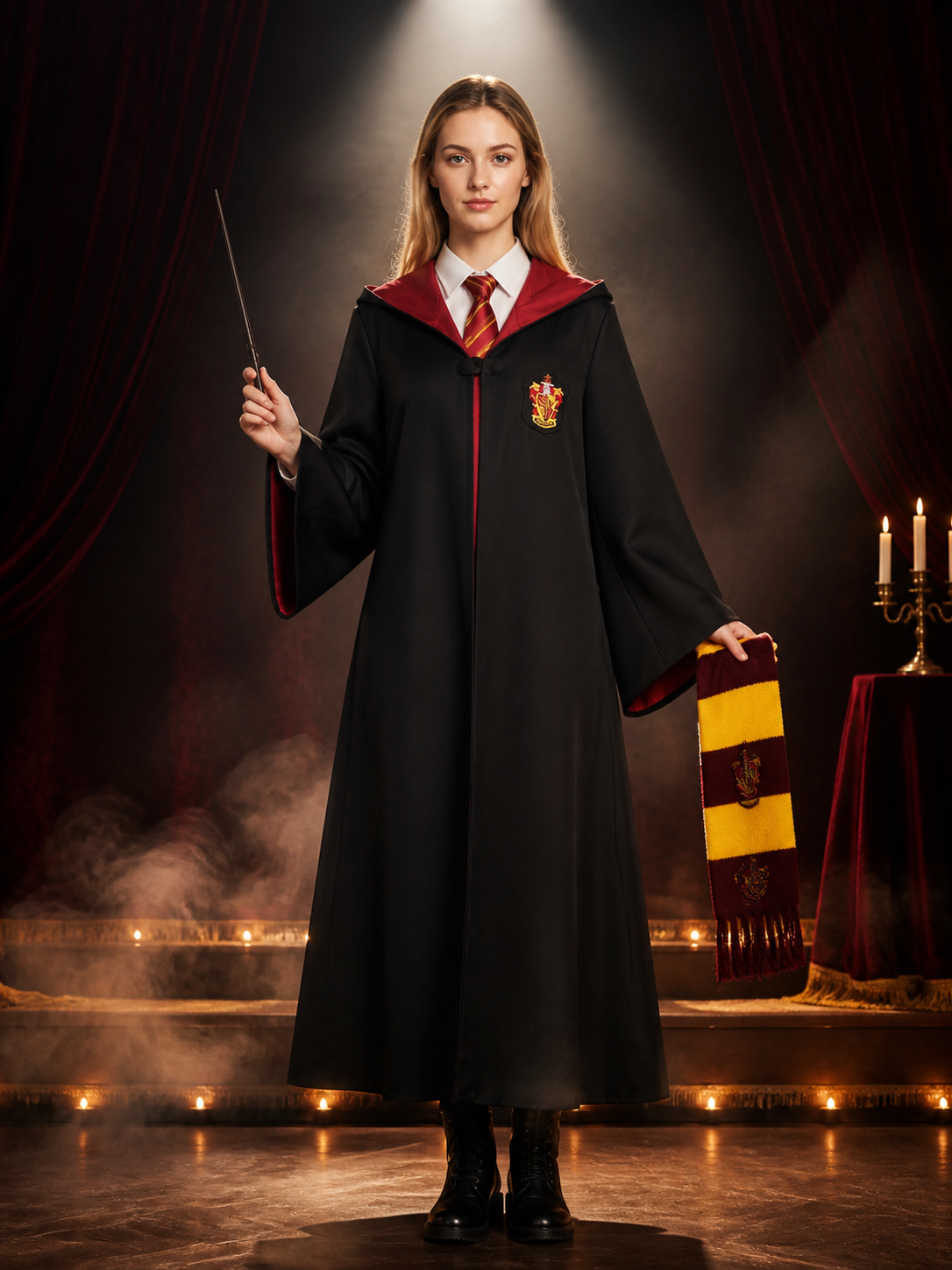 Red and Gold Hooded Wizard Robe Costume Set with Tie and Scarf for Halloween Costumes detail 3