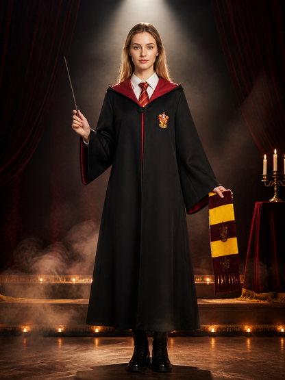 Red and Gold Hooded Wizard Robe Costume Set with Tie and Scarf for Halloween Costumes detail 3