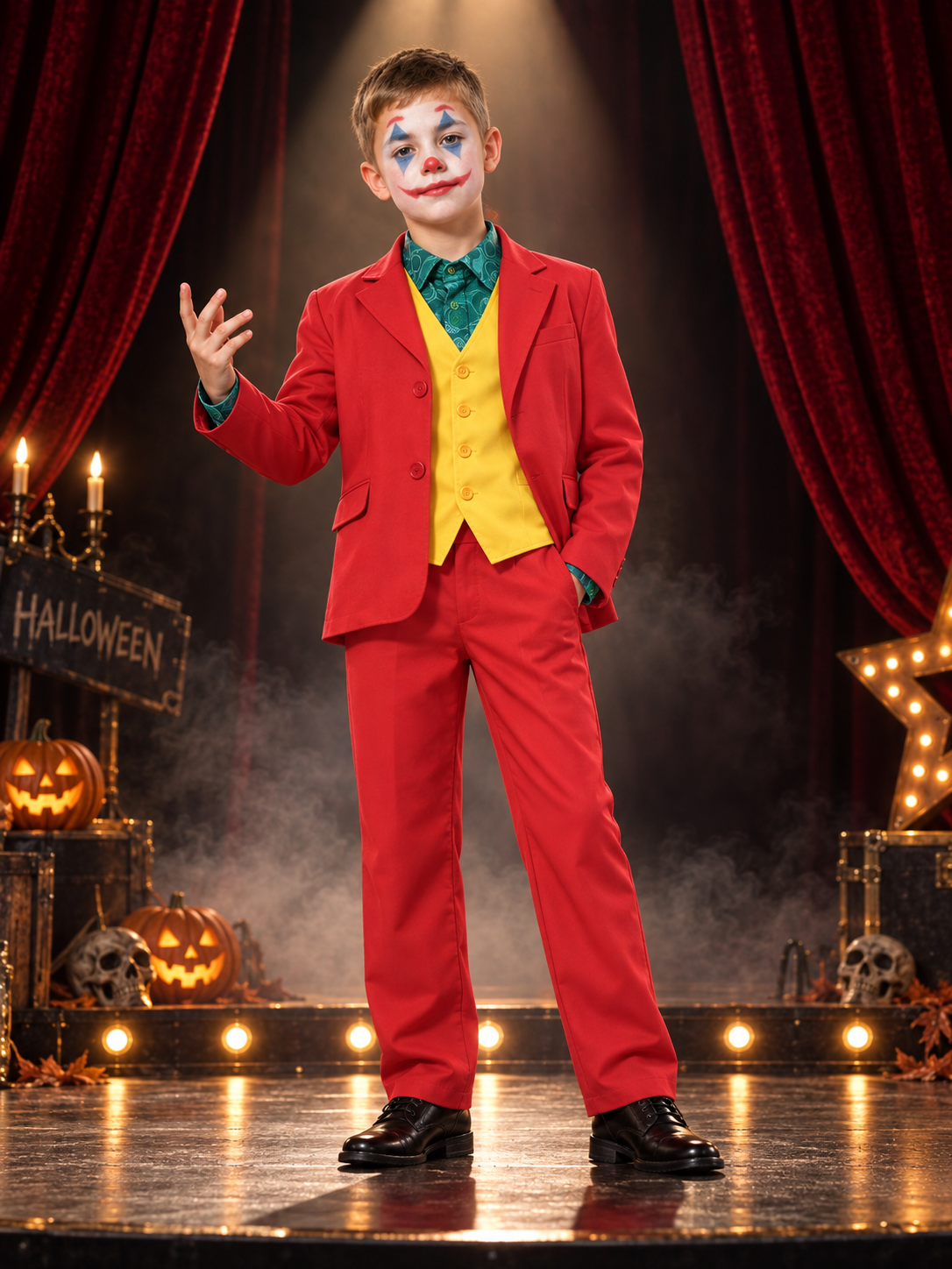 Clown costume: jacket, vest, shirt, pants