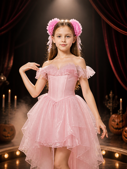 Kids Princess Pink Flower Headpiece with Long Ribbons, Halloween Costume Costume Headwear detail 3
