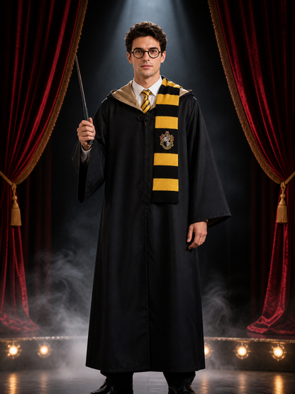 Hufflepuff Wizard Costume Set, Hooded Robe With Tie, Scarf, Glasses & Wand Costume Accessories detail 3