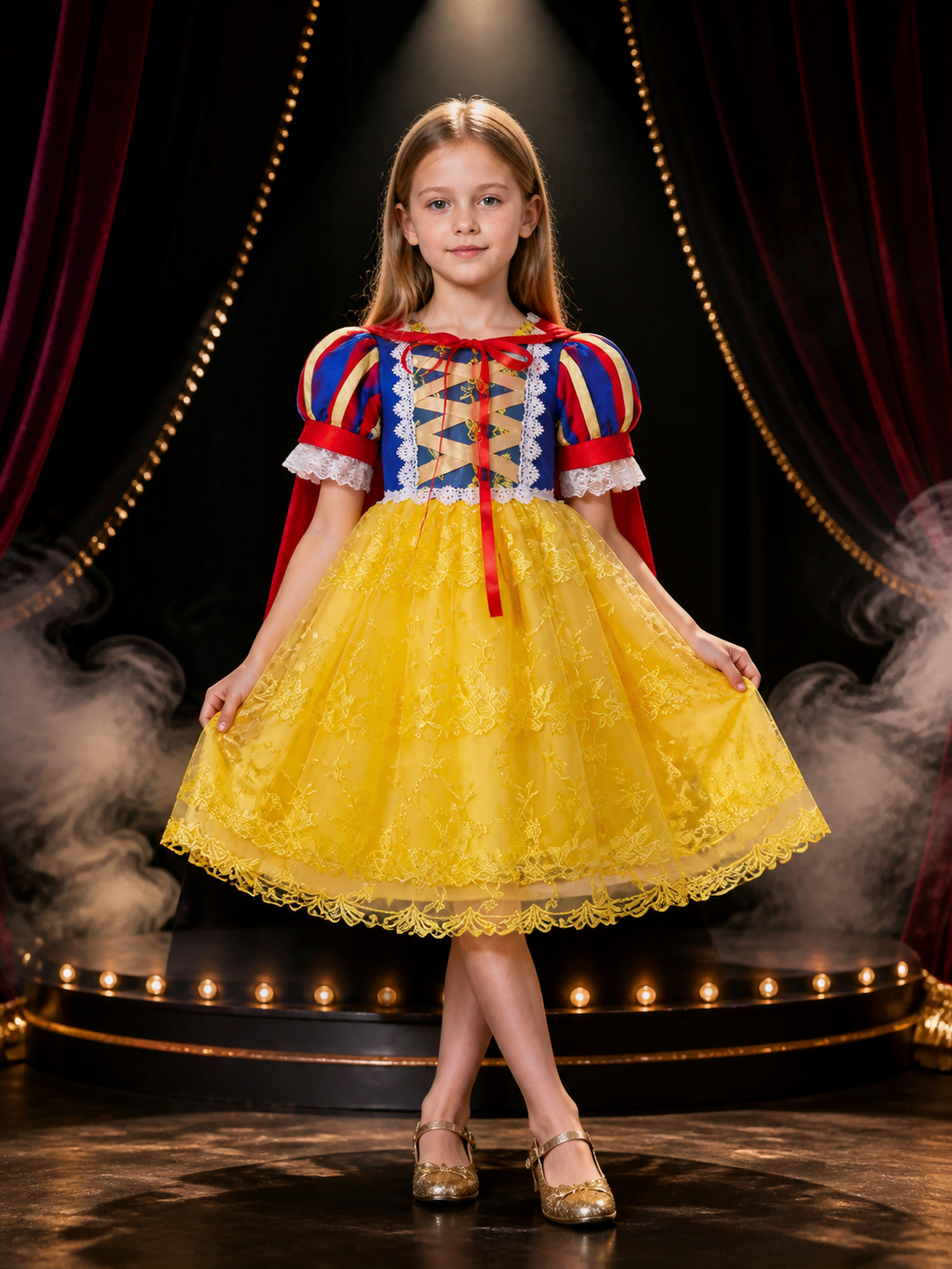 Girls Princess Dress Costume Set With Cape, Lace and Yellow Tulle Skirt Costume Dresses detail 3