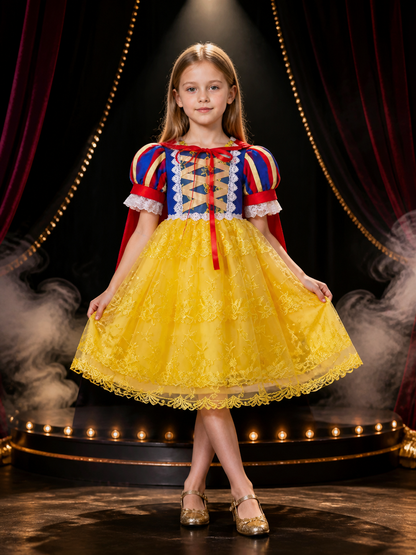 Girls Princess Dress Costume Set With Cape, Lace and Yellow Tulle Skirt Costume Dresses detail 3