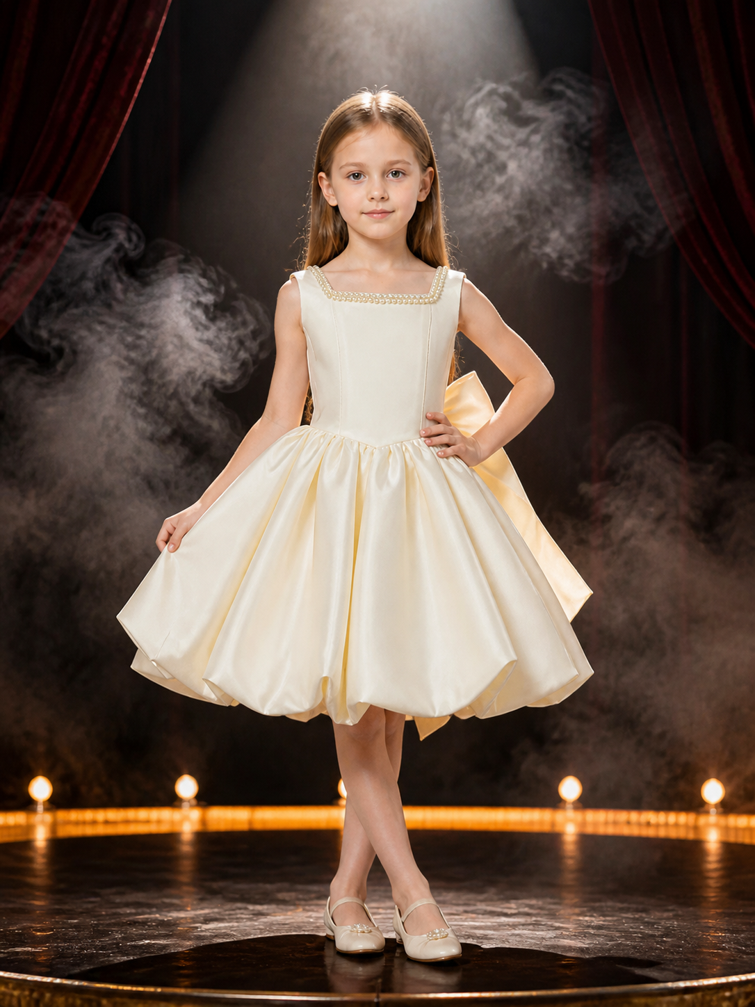 Girls' Pearl-Trimmed Princess Party Dress, Satin A-Line Formal Outfit, 4Y–8Y product detail 3