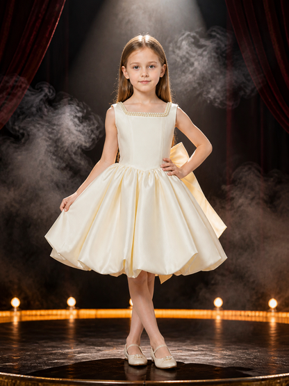 Girls' Pearl-Trimmed Princess Party Dress, Satin A-Line Formal Outfit, 4Y–8Y product detail 3