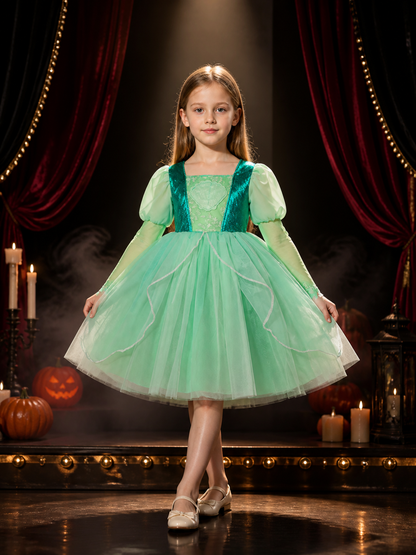 Girls' Green Princess Dress Costume, Sequined Tulle Long-Sleeve Party Outfit Costume Dresses detail 3
