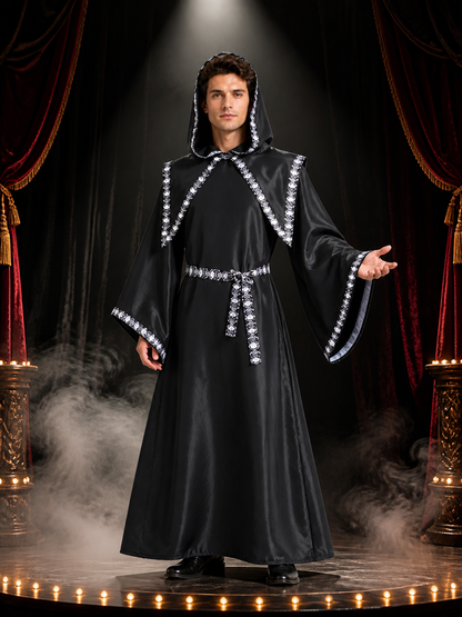 Adult Black Wizard Costume Set, Hooded Long Robe With Silver Trim, Cloak And Costume Capes detail 3