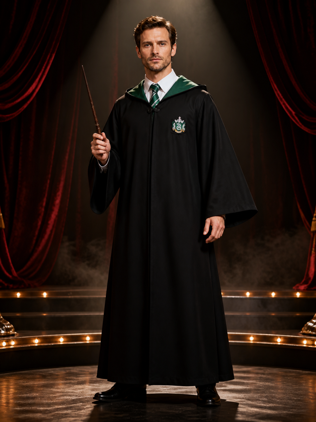 Wizard Costume Set, Hooded Robe With Striped Tie and Embroidered Badge Costumes detail 3