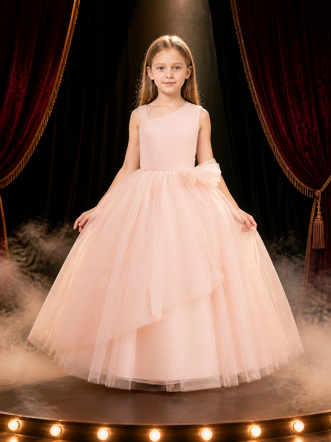 Girls' Blush Pink Princess Dress, One-Shoulder Layered Tulle Party Gown With Bow Costume Dresses detail 3