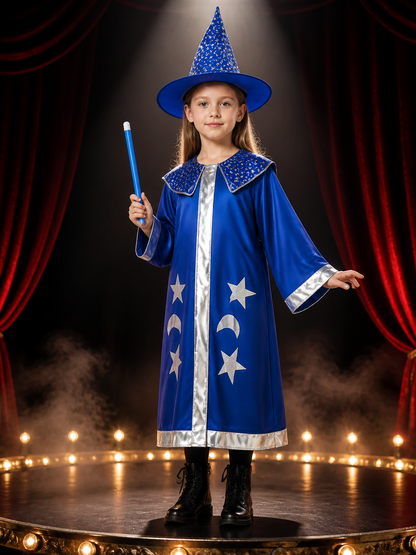 Blue Wizard Costume Set with Star and Moon Cloak and Pointed Hat Costume Capes detail 3