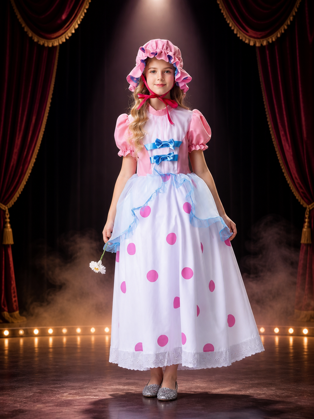 Girl's Shepherdess Costume Dress with Bonnet, Polka Dots, Vintage Style Costume Dresses detail 3