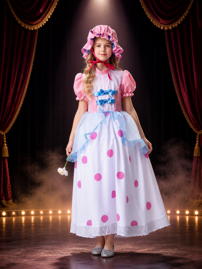 Girl's Shepherdess Costume Dress with Bonnet, Polka Dots, Vintage Style Costume Dresses detail 3