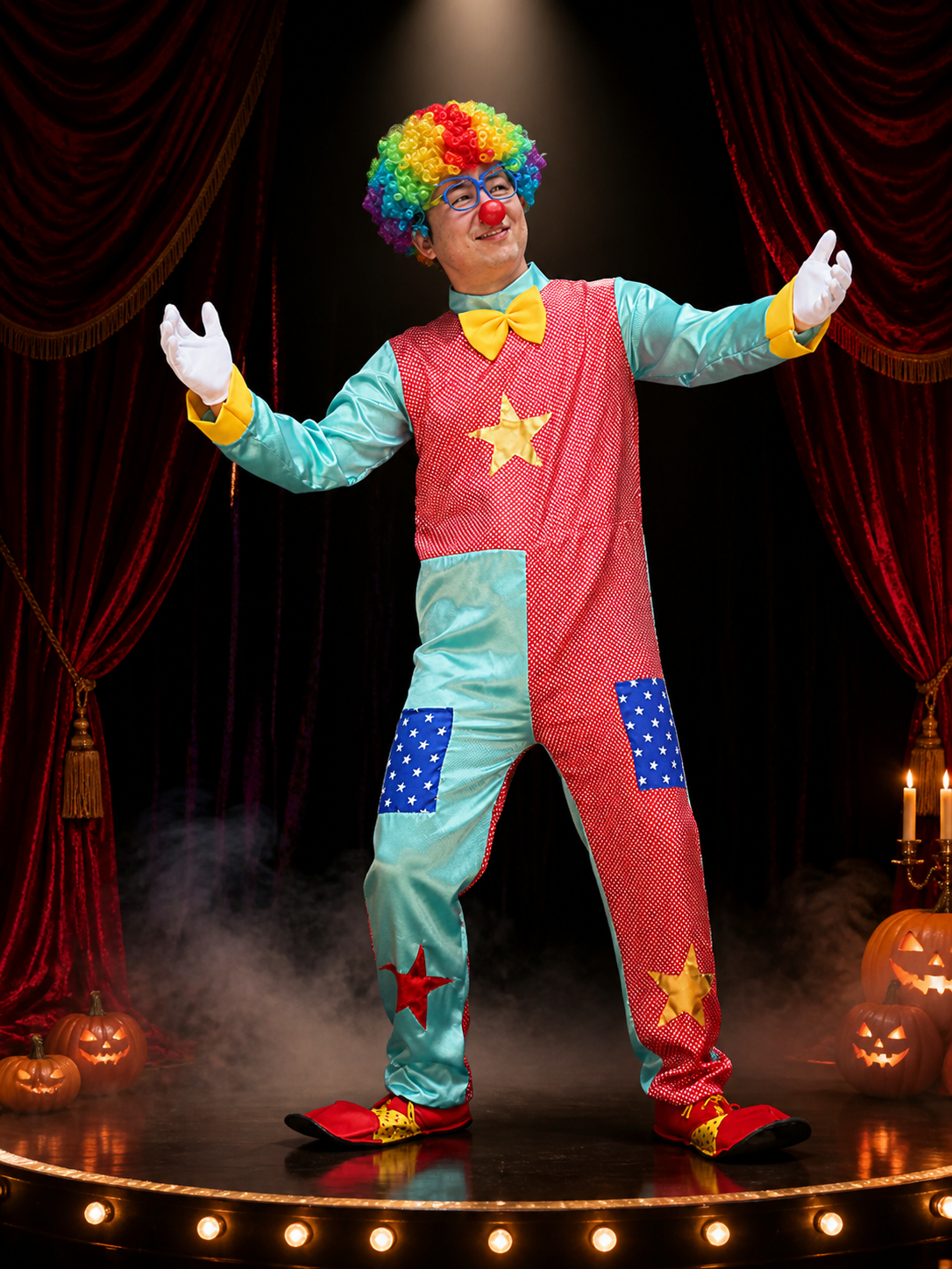Adult Clown Costume Set, Red and Blue Star Print Bodysuit with Bow Tie for