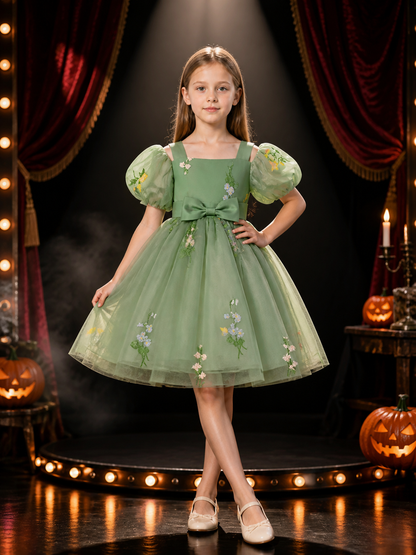 Baby Girls Green Floral Embroidered Puff Sleeve Tulle Princess Dress Costume Dresses detail 3