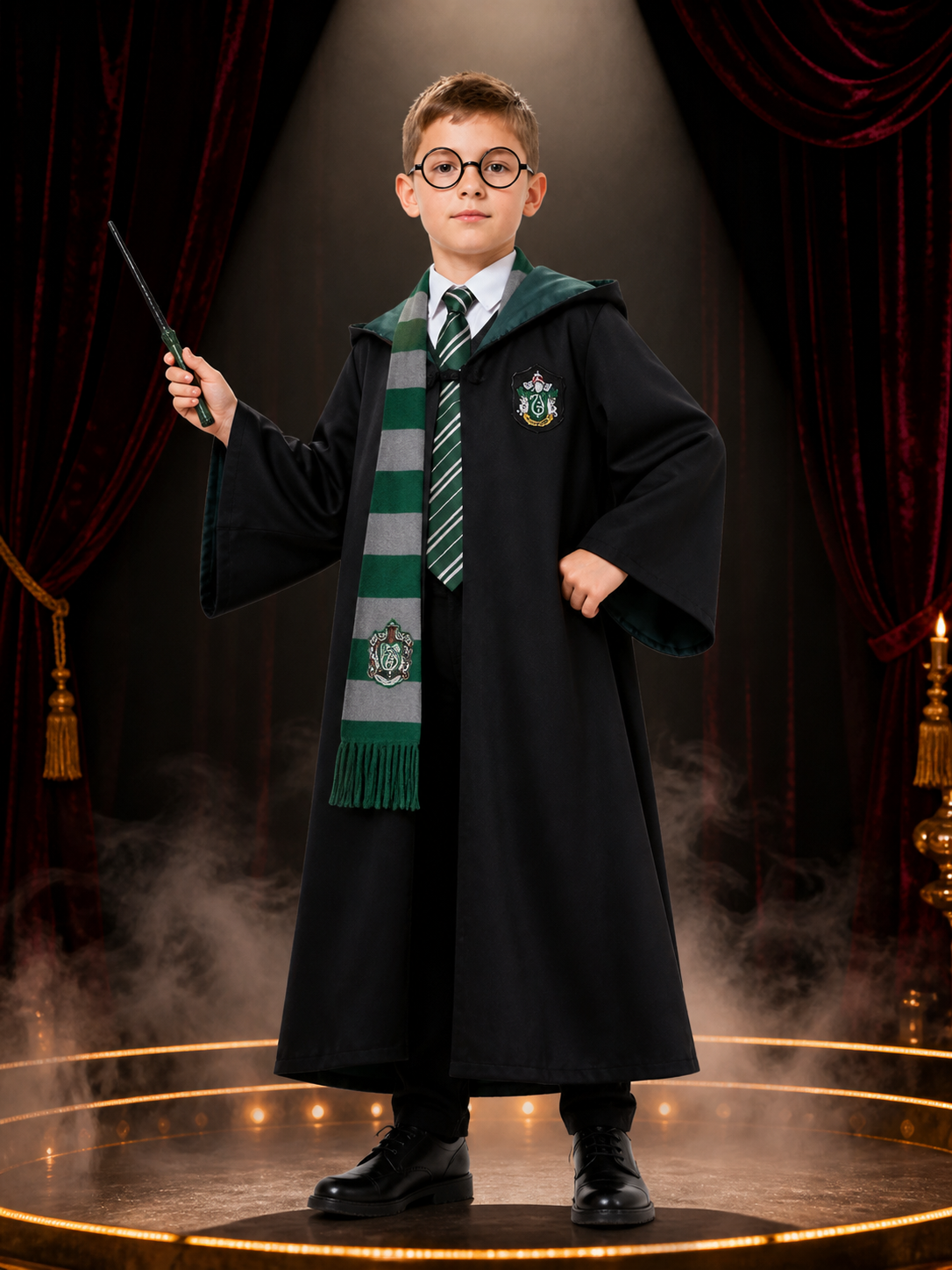 Slytherin Themed Wizard Costume Set: Dark Green Hooded Robe, Scarf, Tie, Glasses Costumes detail 3