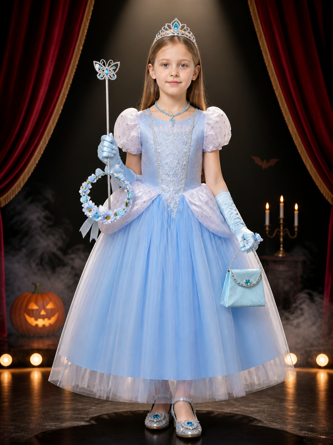 Girls Cinderella Princess Dress Costume - Light Blue Tulle Gown with Crown Costume Dresses detail 3