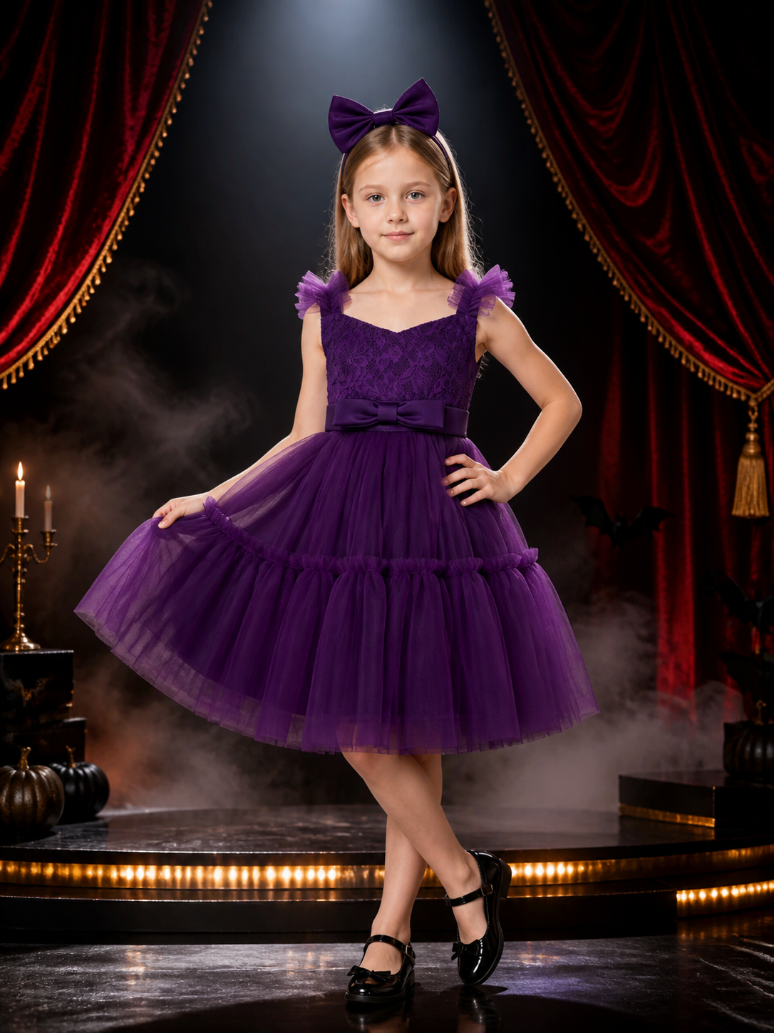 Toddler Girls' Purple Princess Dress with Layered Tulle Skirt and Bow Headband Costume Dresses detail 3