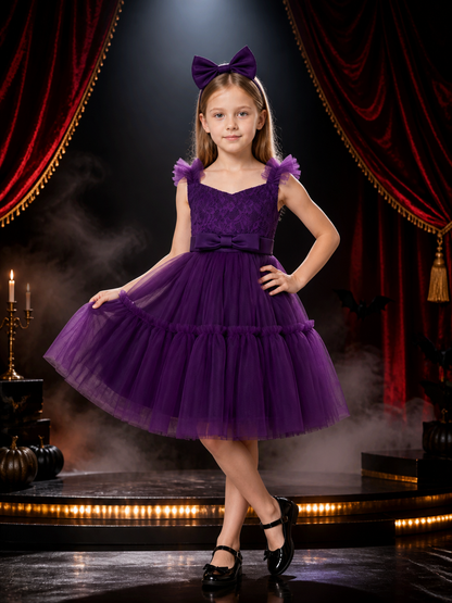 Toddler Girls' Purple Princess Dress with Layered Tulle Skirt and Bow Headband Costume Dresses detail 3