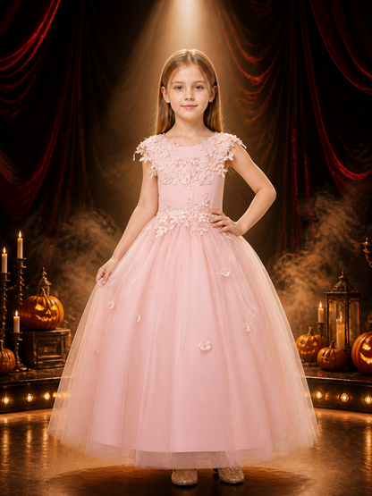 Girls' Pink Flower Girl Princess Dress With Floral Lace and Puffy Skirt Costume Dresses detail 3