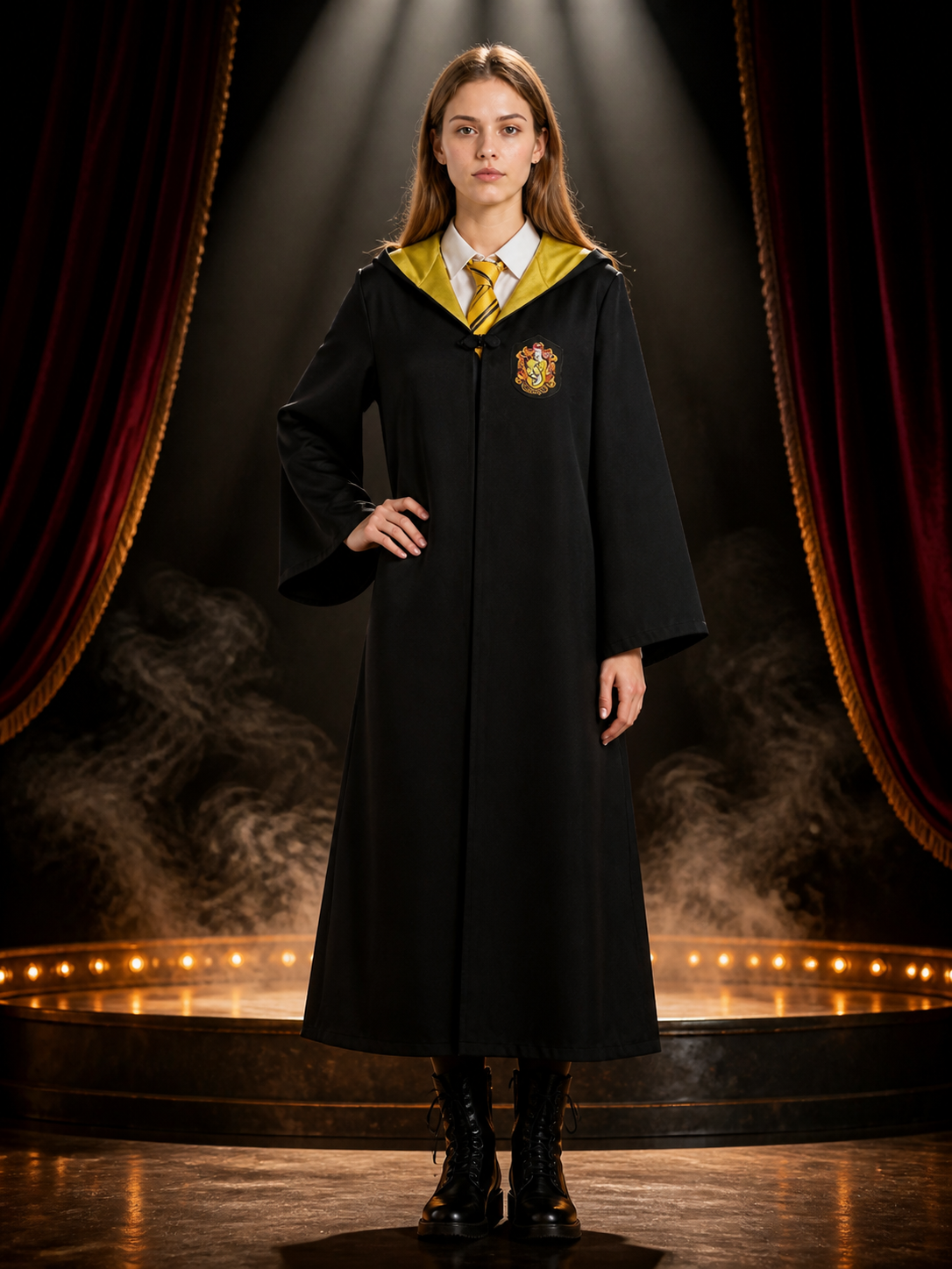 Hufflepuff Long Hooded Wizard Robe Costume Set with Striped Tie for Halloween Costumes detail 3