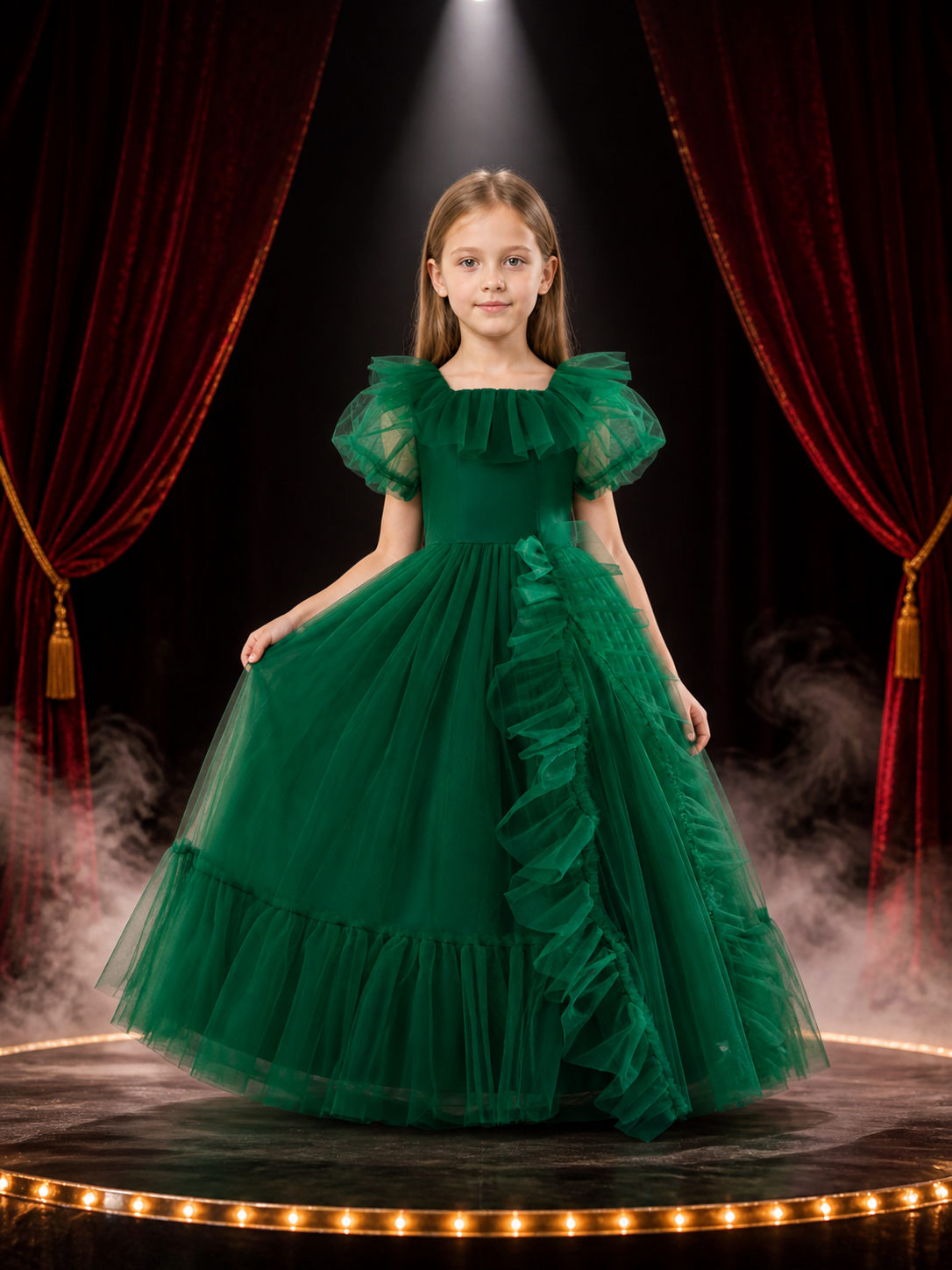 Girls' Green Princess Dress, Ruffled Puff Sleeve Layered Tulle Formal Gown Costume Dresses detail 3
